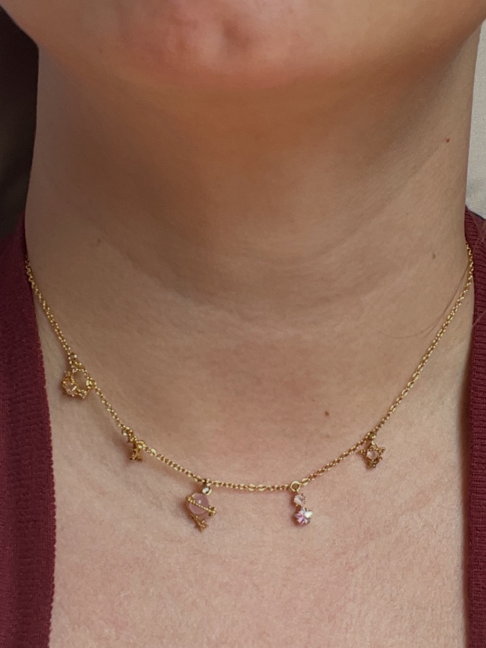 Moon, Star, planet pink and clear gemstone necklace